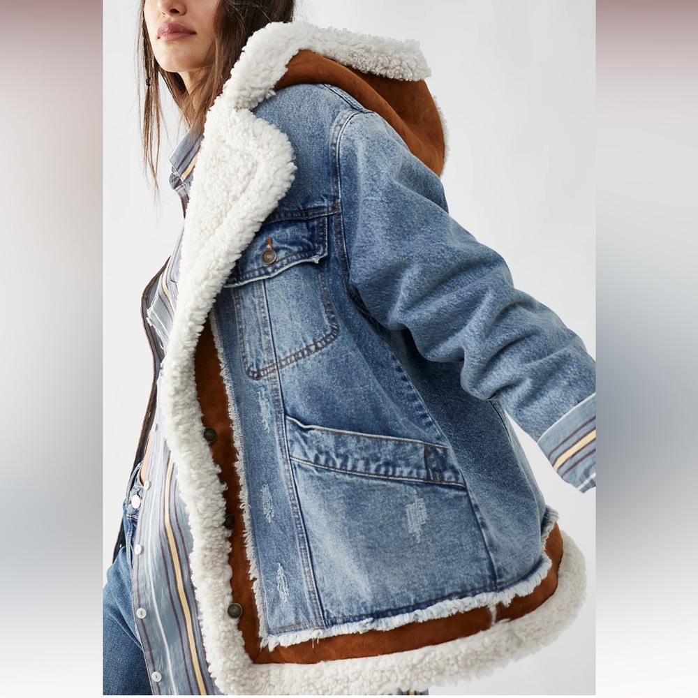 Free People Magnolia Cozy Denim Faux Shearling Sherpa Winter Fall Jean Jacket